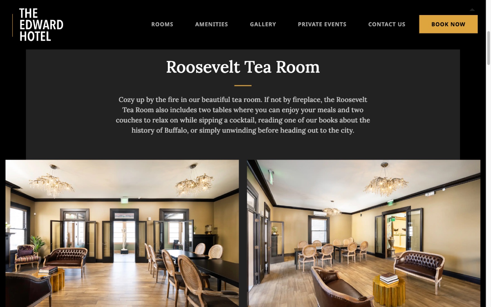 The Amenities page presenting the Roosevelt Tea Room with editorial copy and paired interior photography