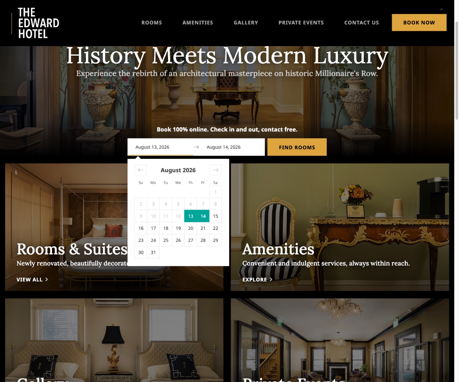 The live Edward Hotel homepage with the check-in and check-out range calendar open in the hero booking widget
