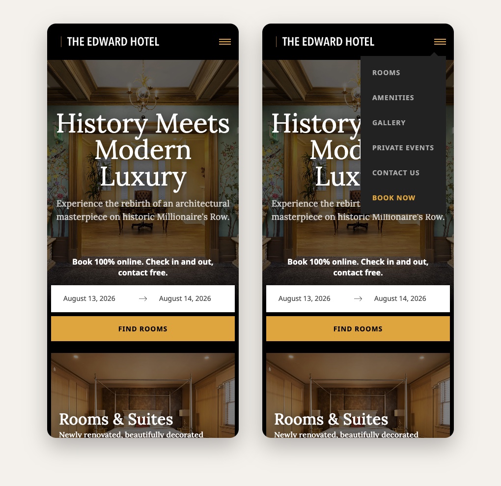 The live mobile site: the hero booking widget, and the dropdown navigation menu open