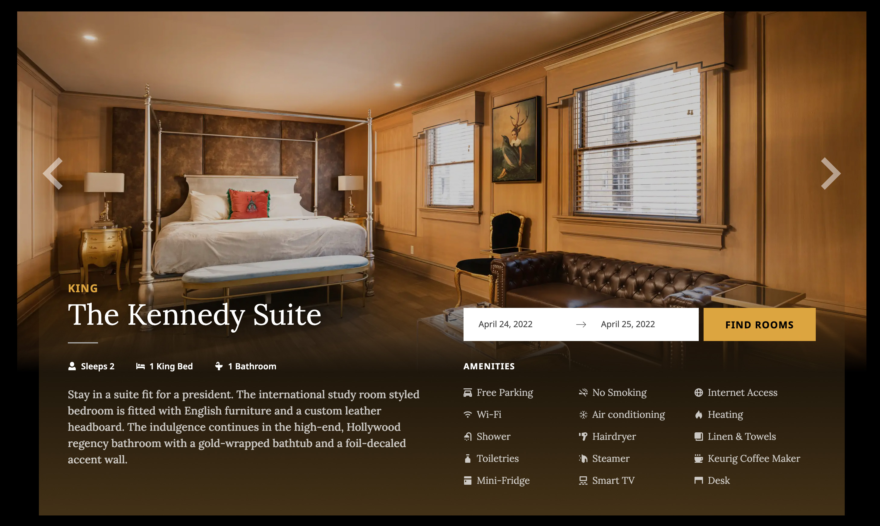 Rooms page with image carousel on The Edward Hotel website