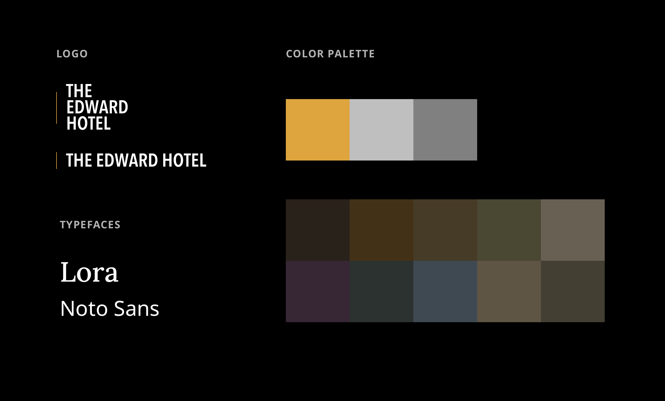 Edward Hotel visual design system showing typography, color, and form language
